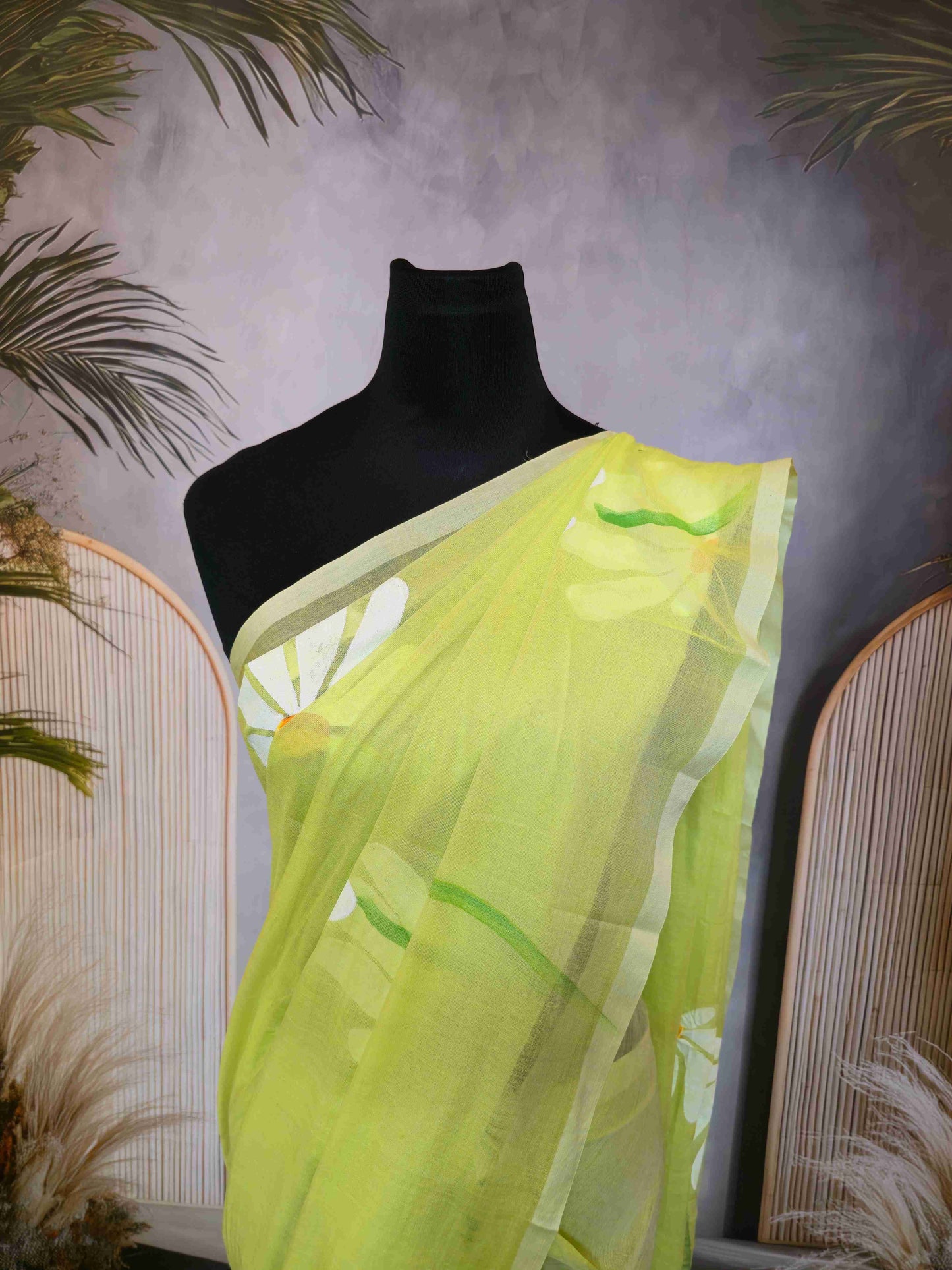 Mul cotton saree with hand painted flowers
