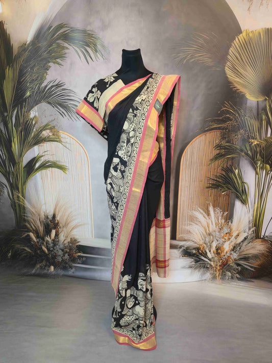 Pen Kalamkari cotton saree- doll design