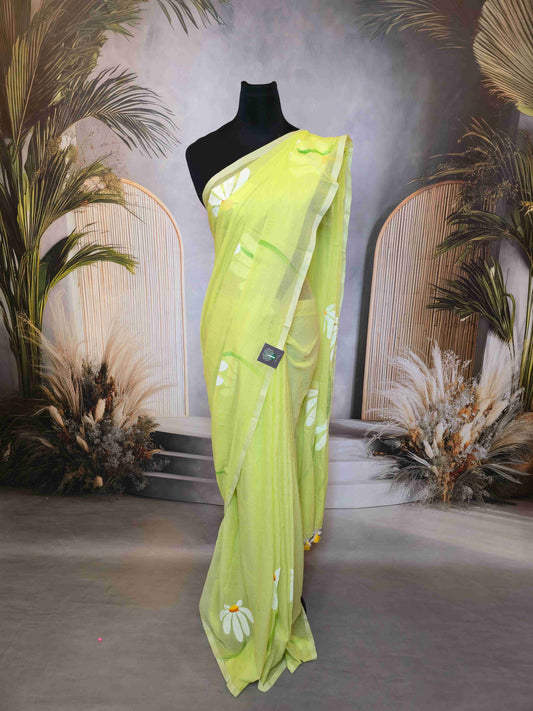 Mul cotton saree with hand painted flowers