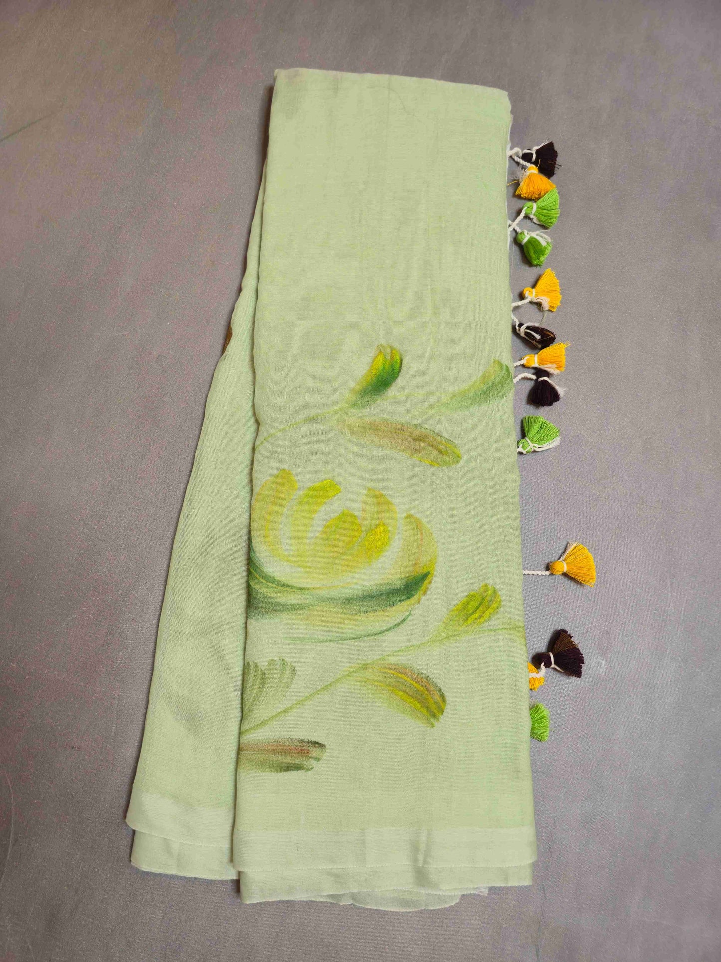Mul cotton saree with hand painted flowers