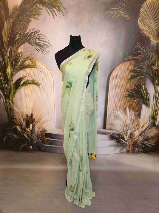 Mul cotton saree with hand painted flowers