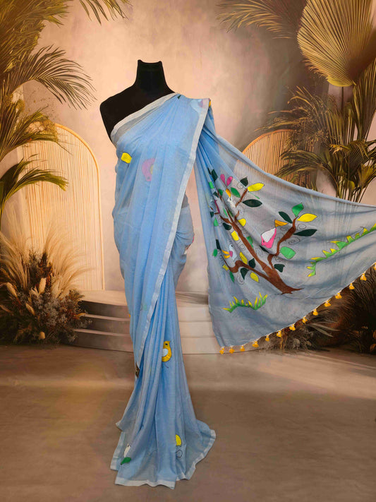 Mul cotton saree with hand painted flowers