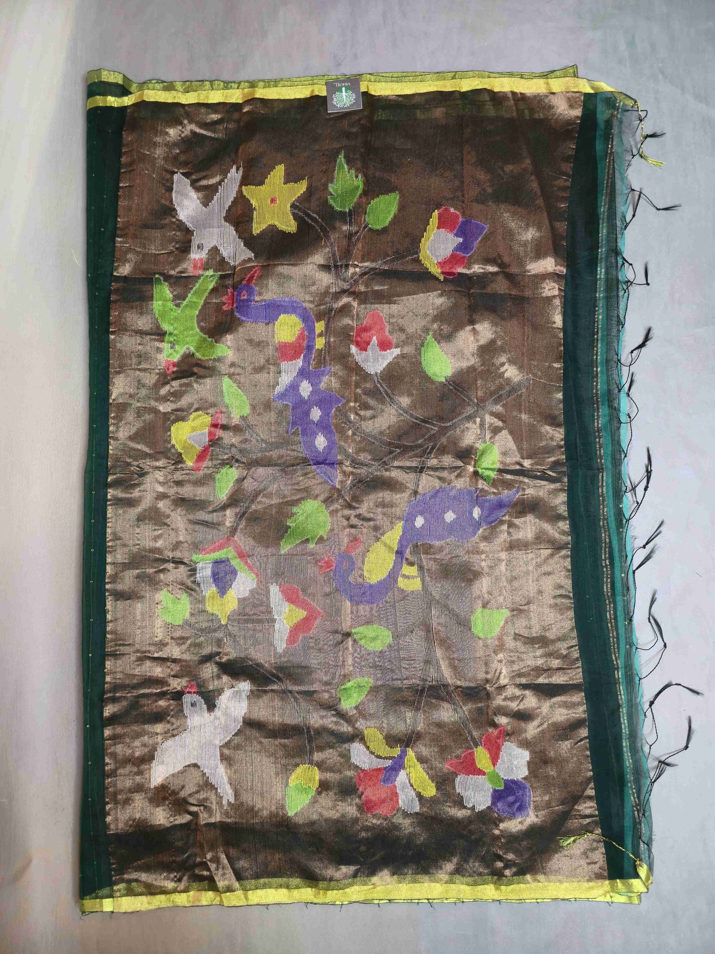 Semi Raw Silk with sequins with Jamdani needle work Pallu