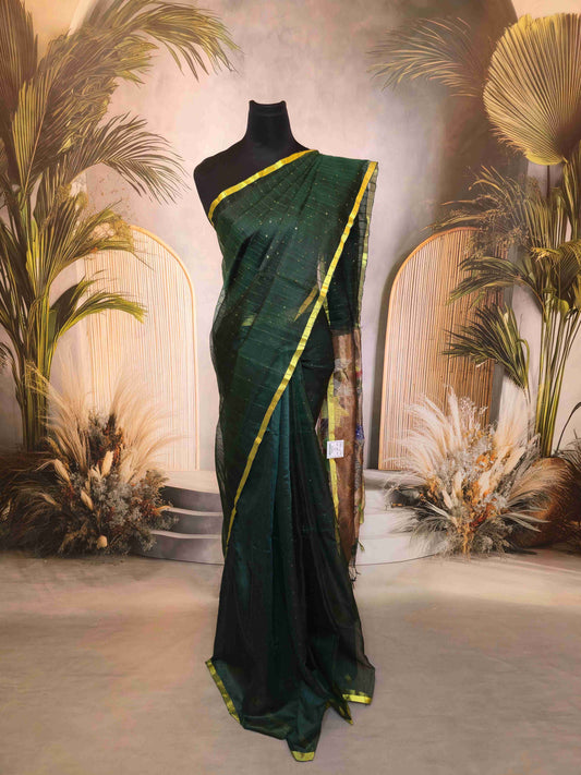 Semi Raw Silk with sequins with Jamdani needle work Pallu