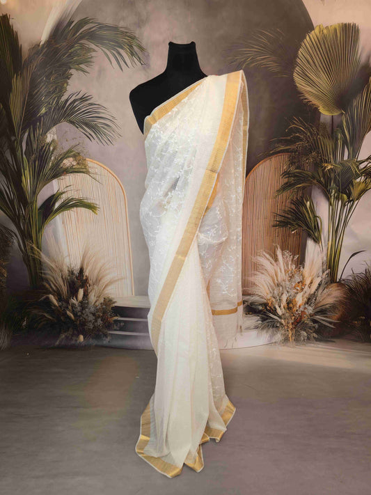 White Kota embroidered saree