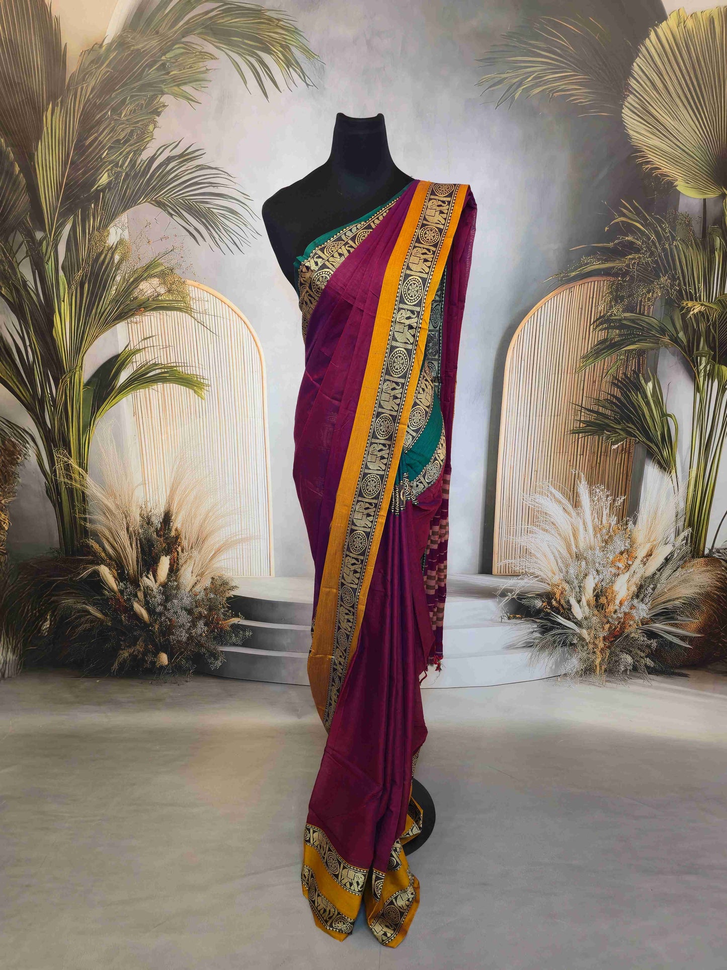 Narayanpet Cotton saree with Ganga Jamuna Elephant borders