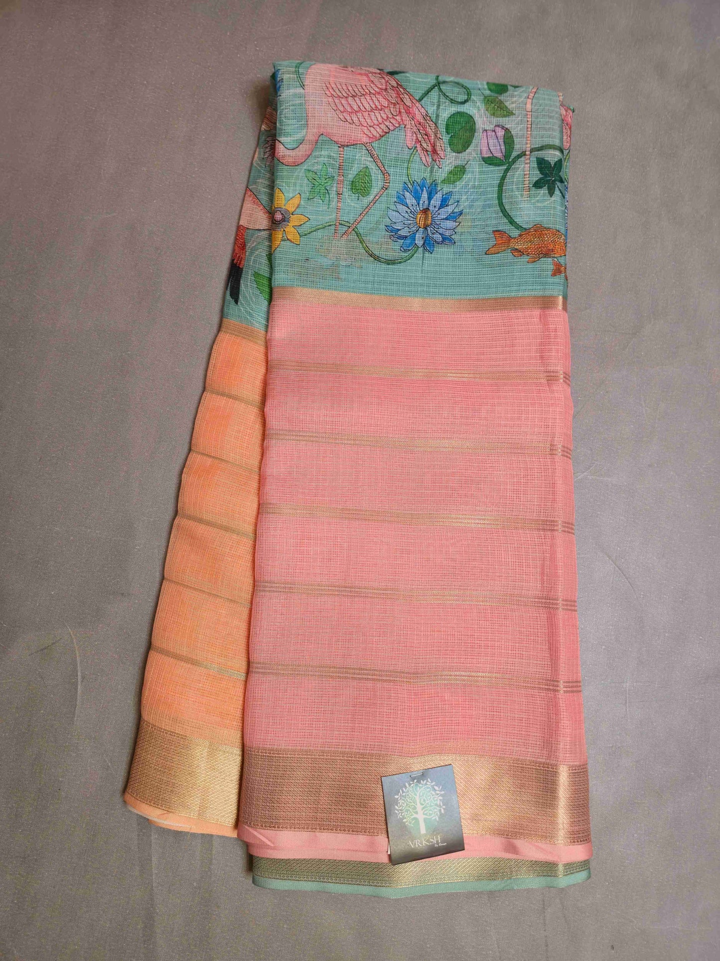 Semi Kota Saree with Flamingo prints