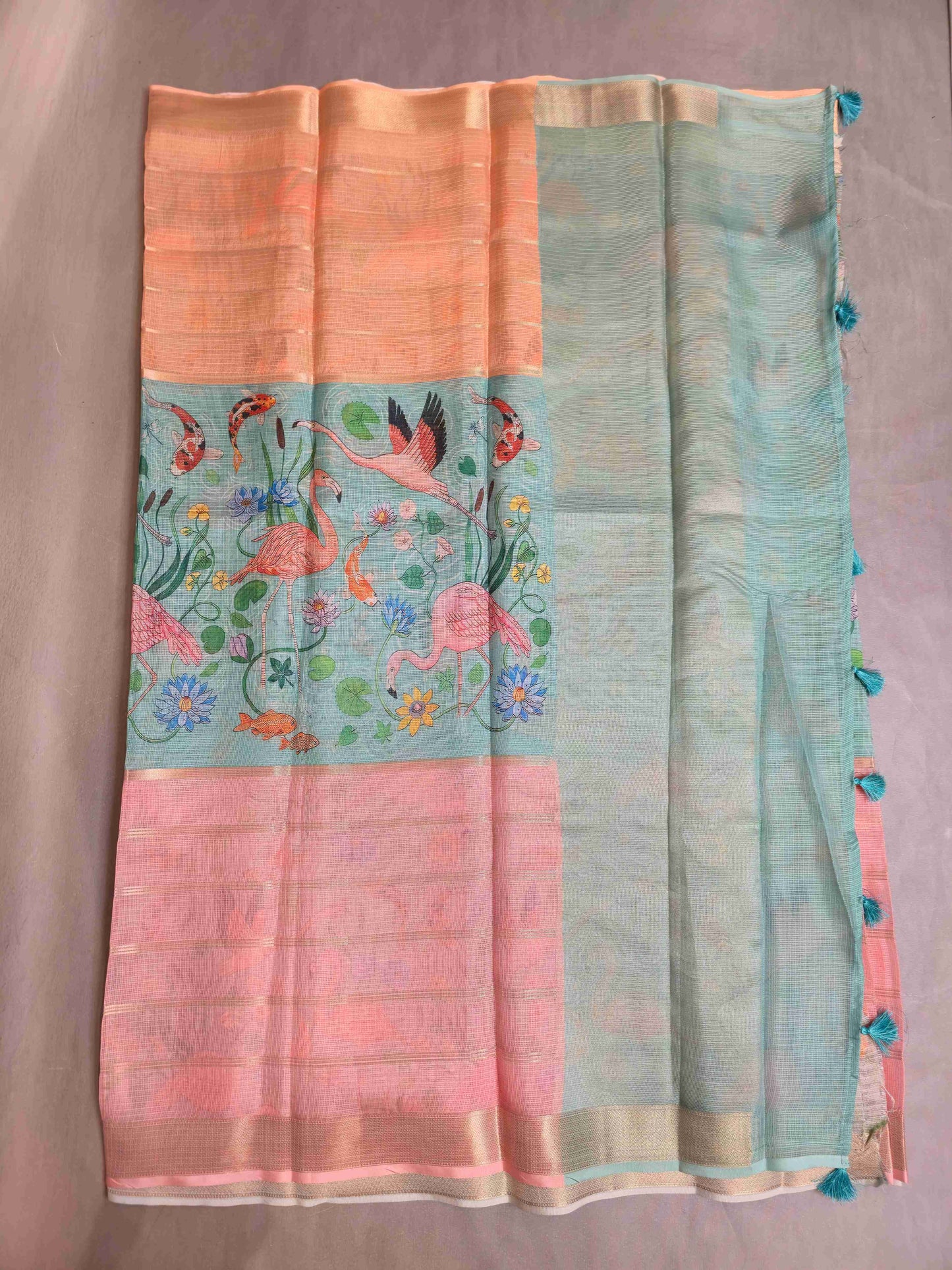 Semi Kota Saree with Flamingo prints
