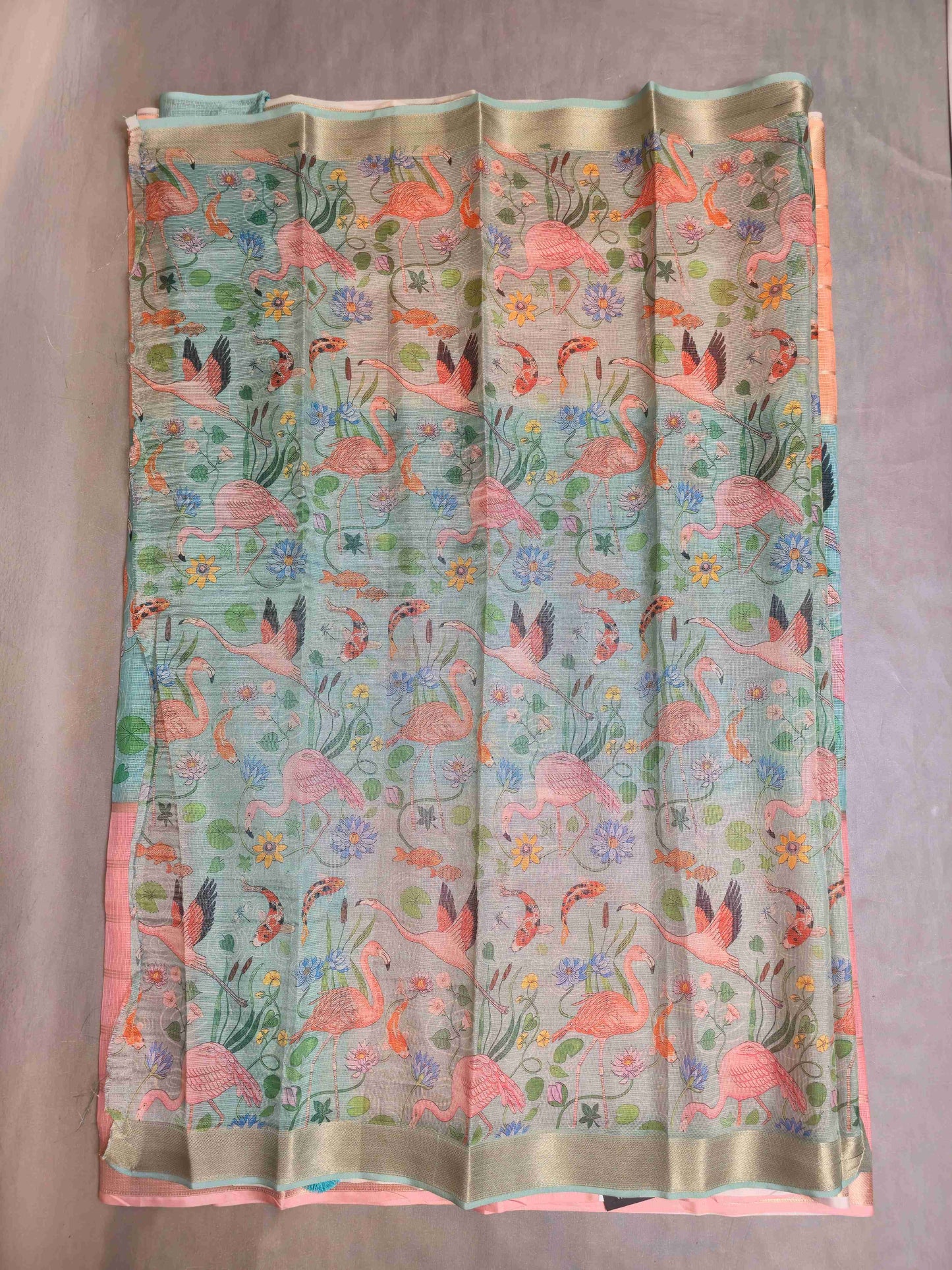 Semi Kota Saree with Flamingo prints