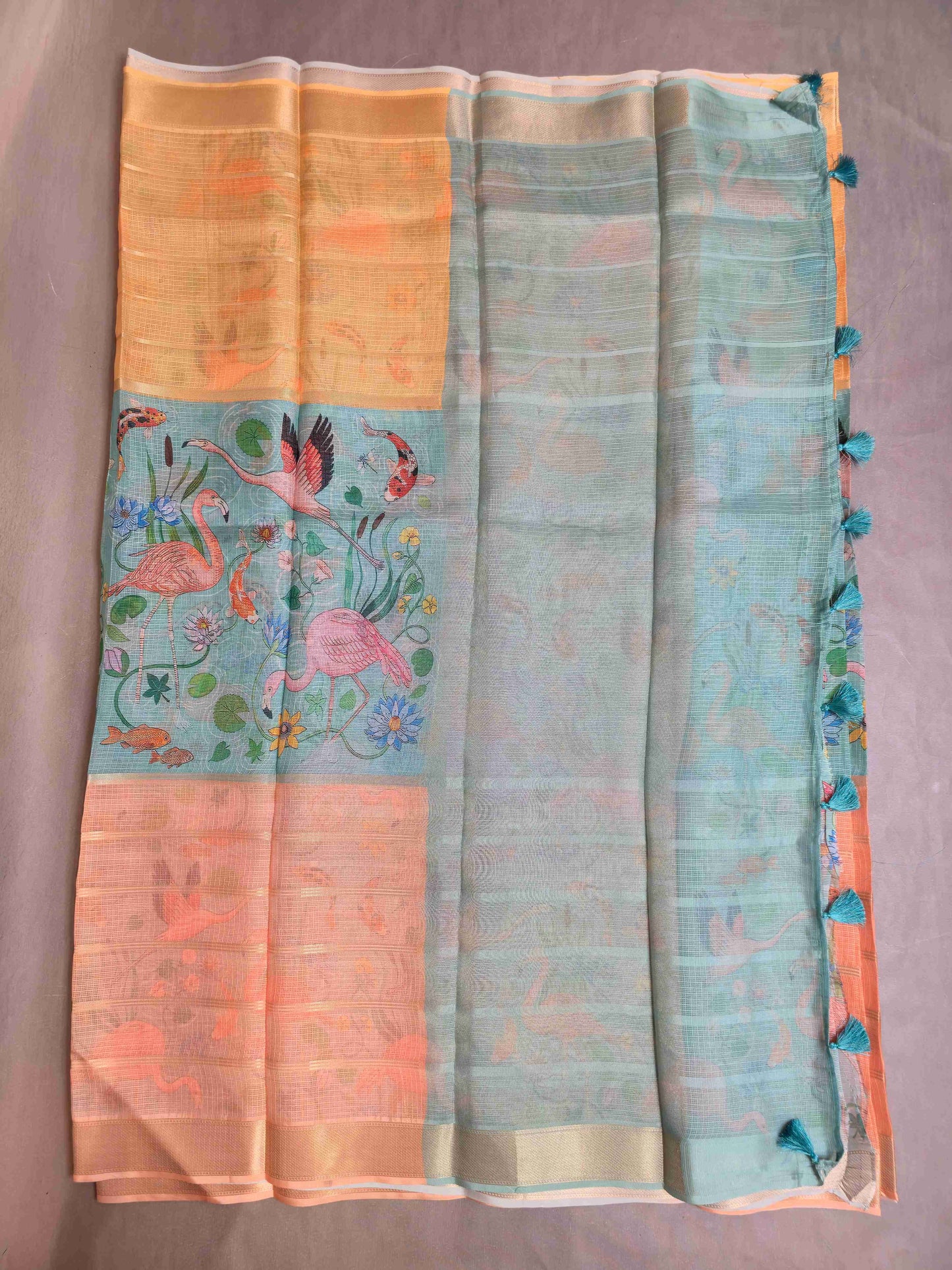 Semi Kota Saree with Flamingo prints