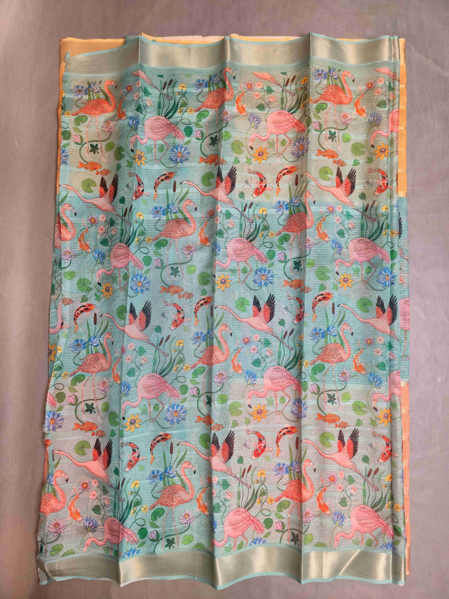 Semi Kota Saree with Flamingo prints