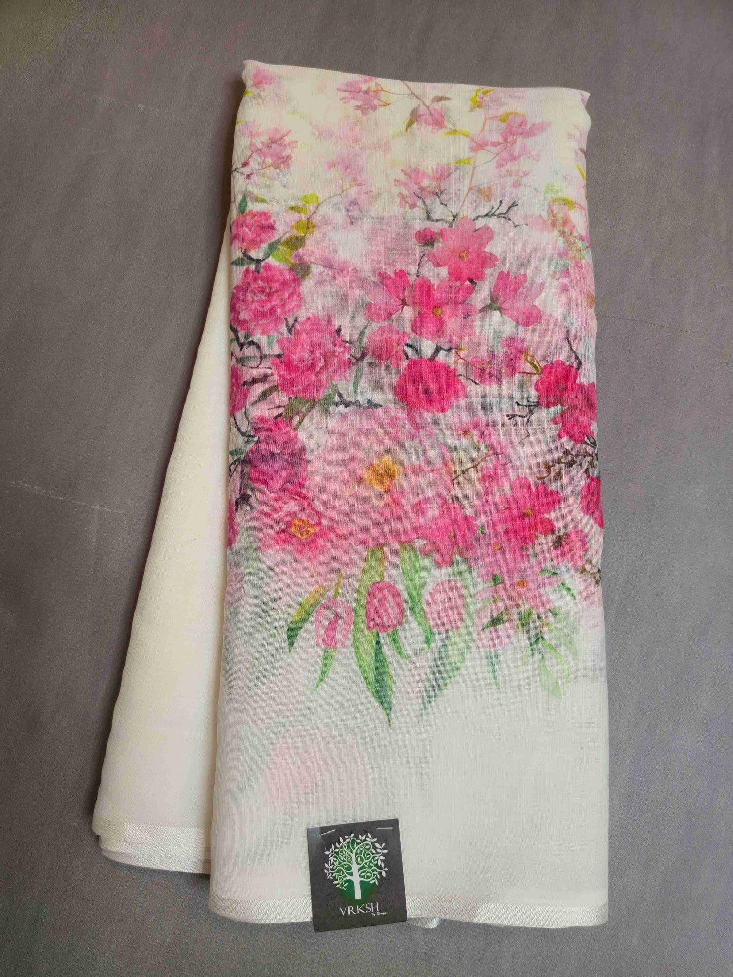Linen Floral Saree- white