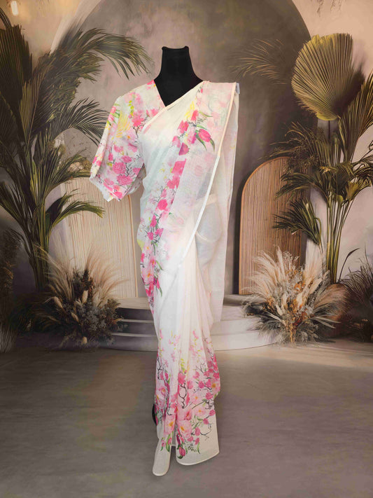Linen Floral Saree- white