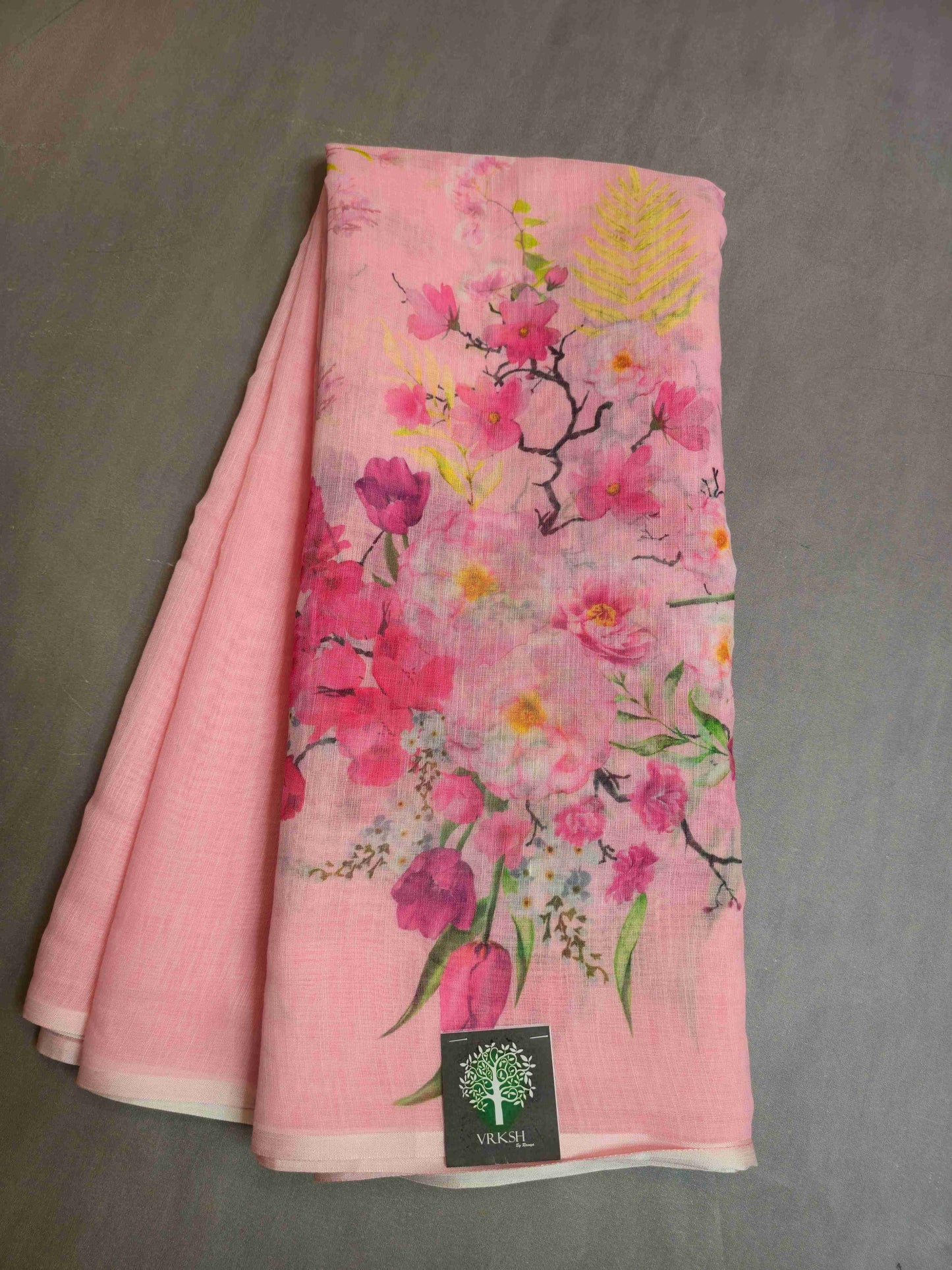 Linen Floral Saree- pink