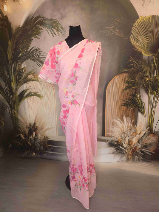 Linen Floral Saree- pink