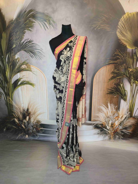 Pen Kalamkari cotton saree- doll design