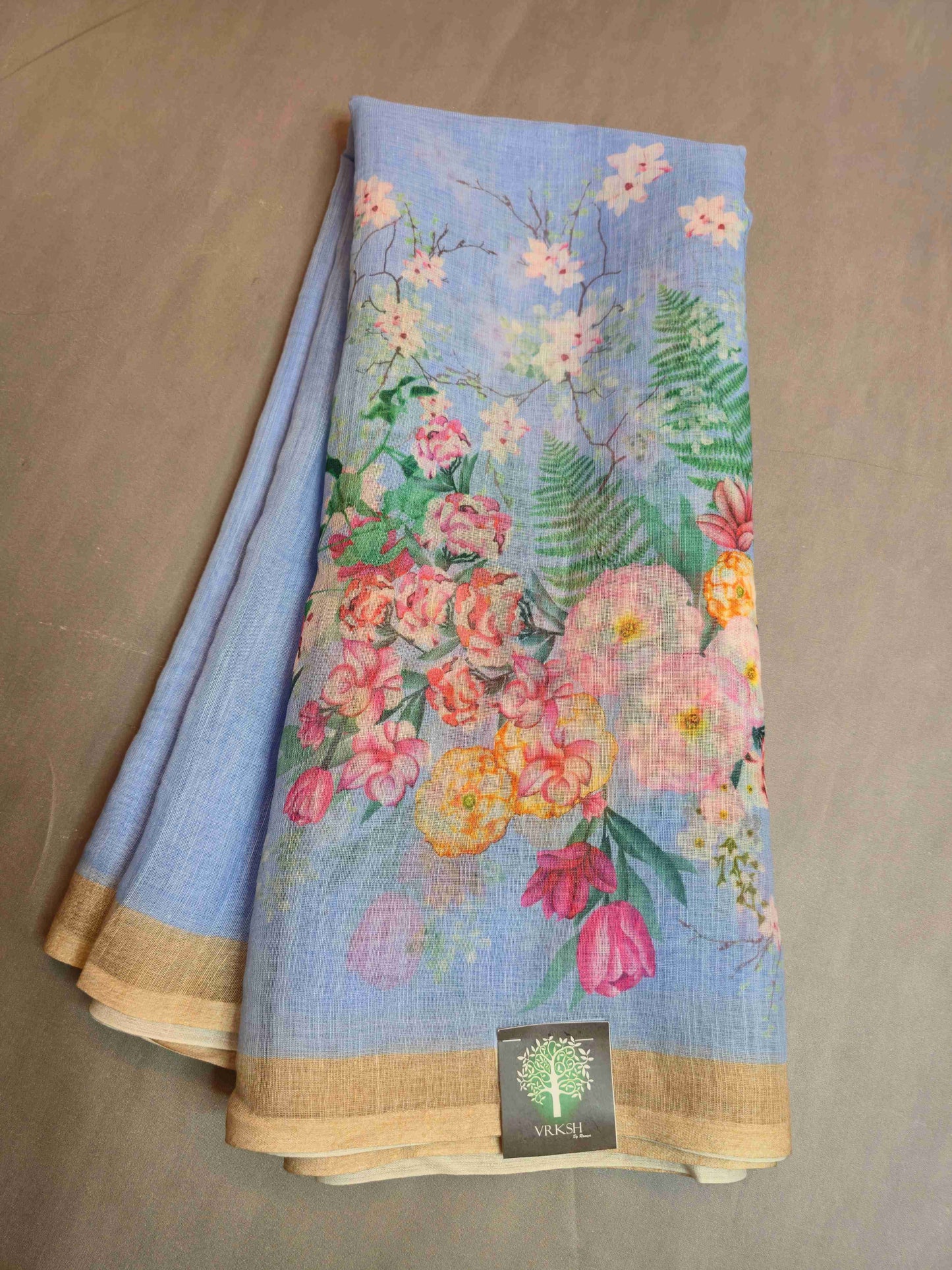 Linen Floral Saree- powder blue