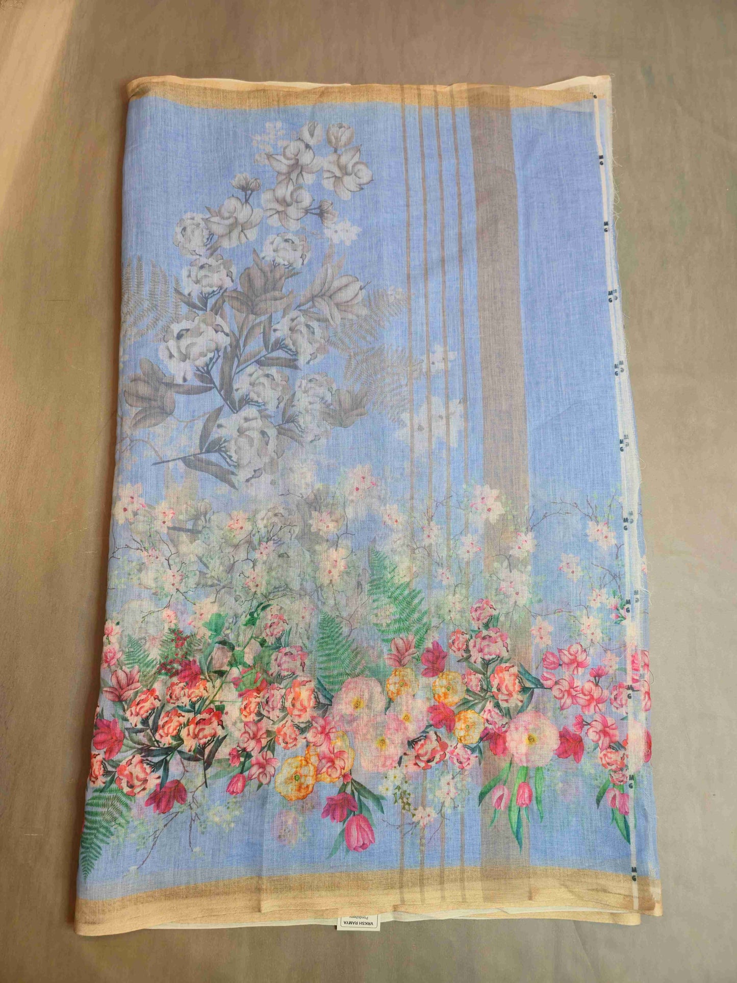 Linen Floral Saree- powder blue