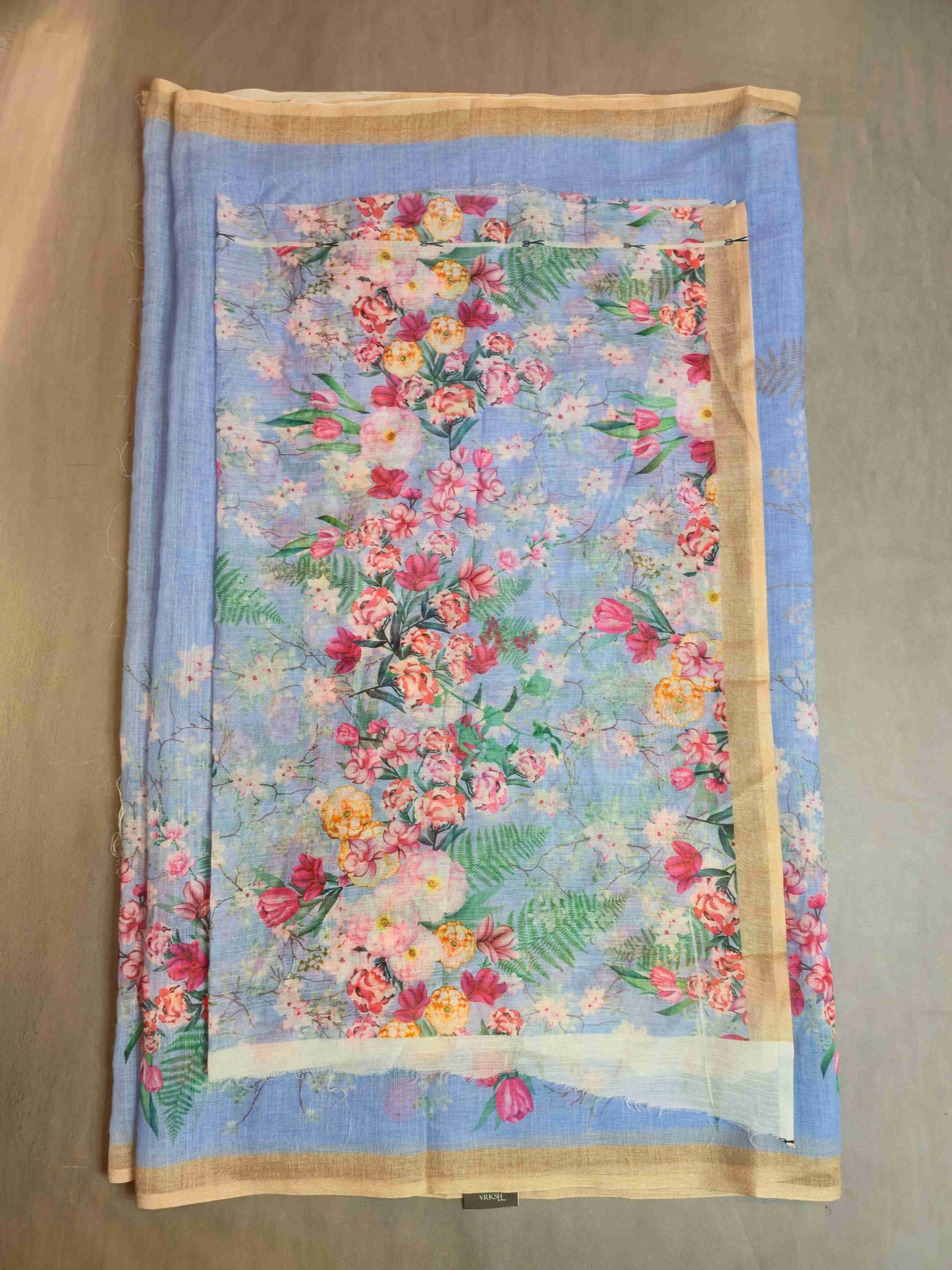 Linen Floral Saree- powder blue