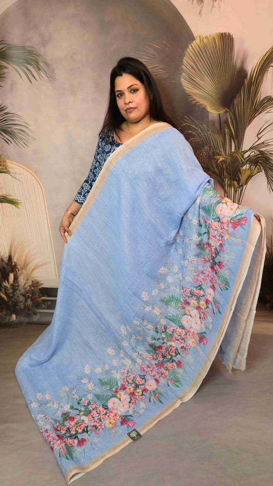 Linen Floral Saree- powder blue