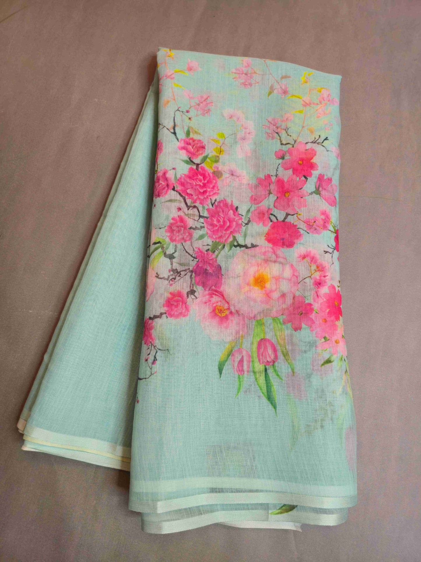 Linen Floral Saree- aqua blue