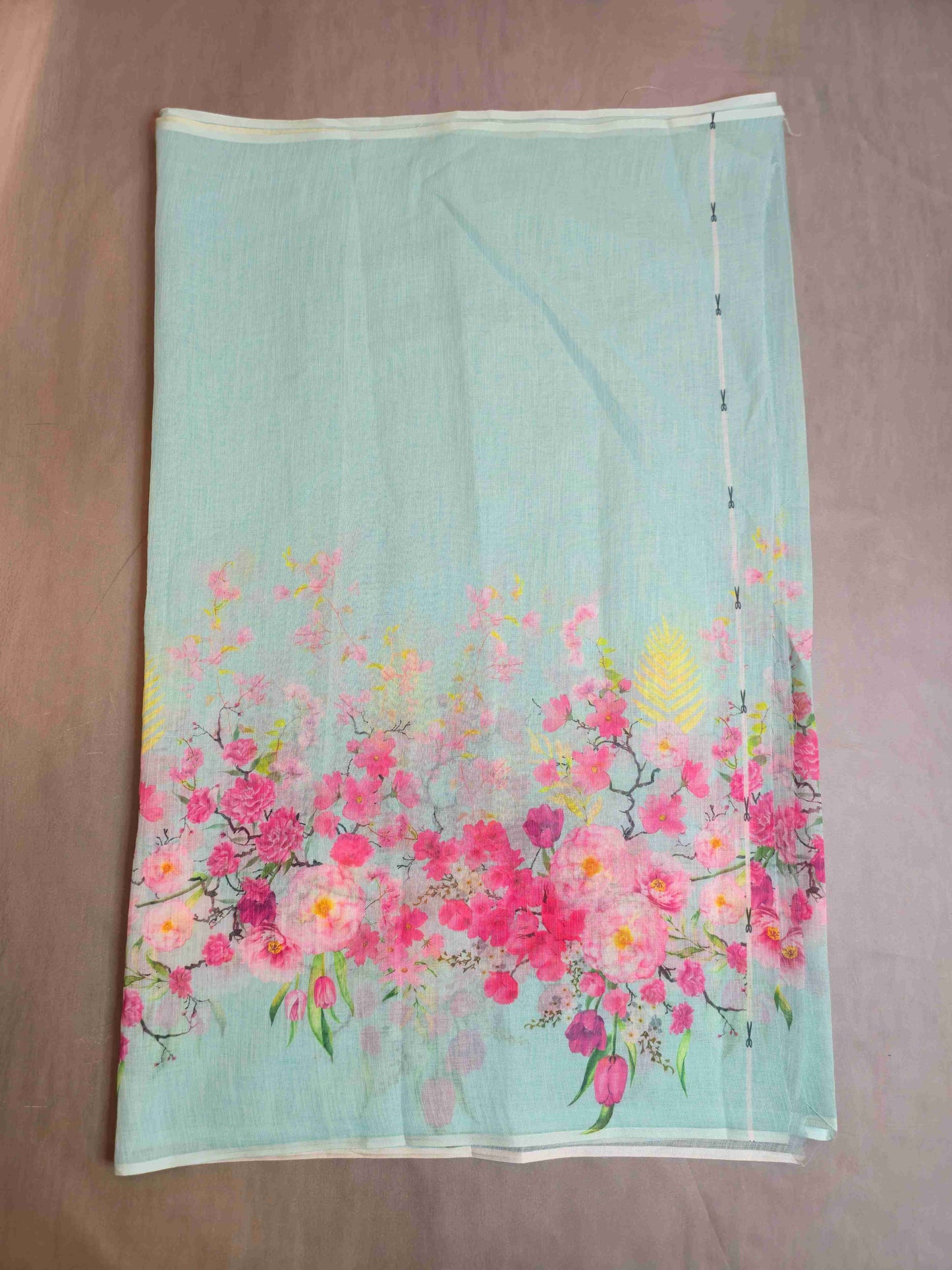Linen Floral Saree- aqua blue