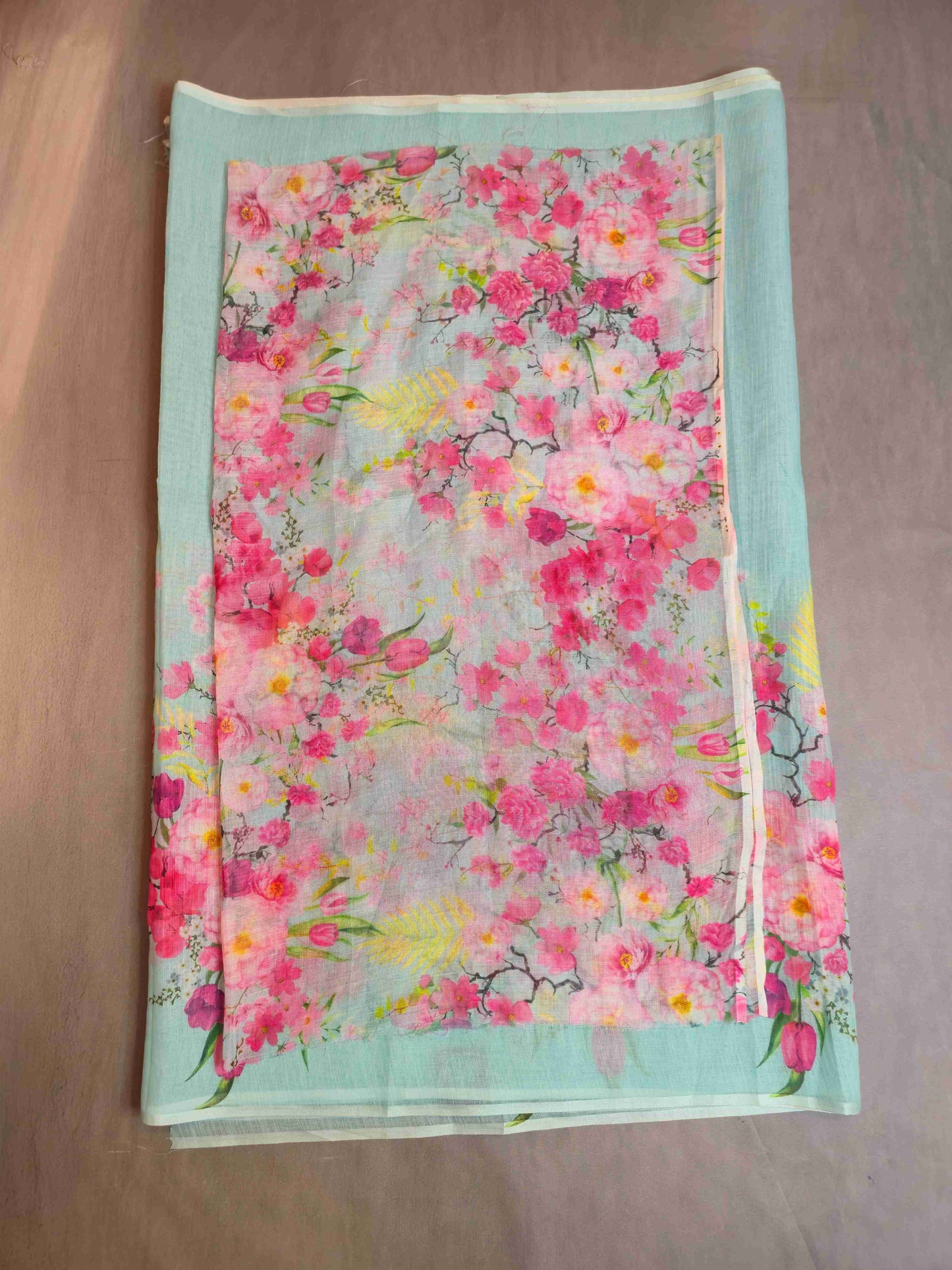 Linen Floral Saree- aqua blue