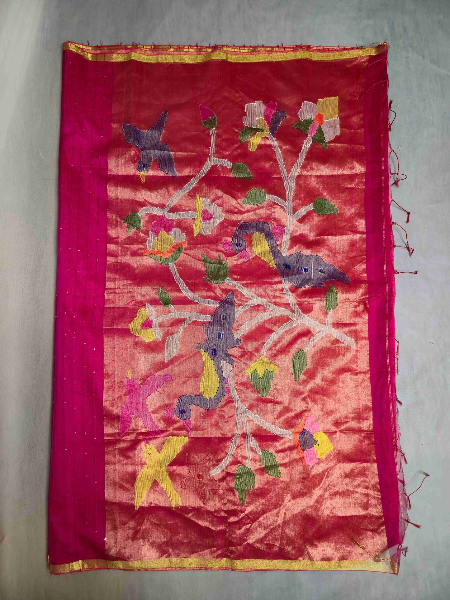 Semi Raw Silk with sequins with Jamdani needle work Pallu