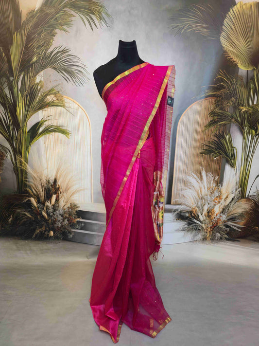 Semi Raw Silk with sequins with Jamdani needle work Pallu