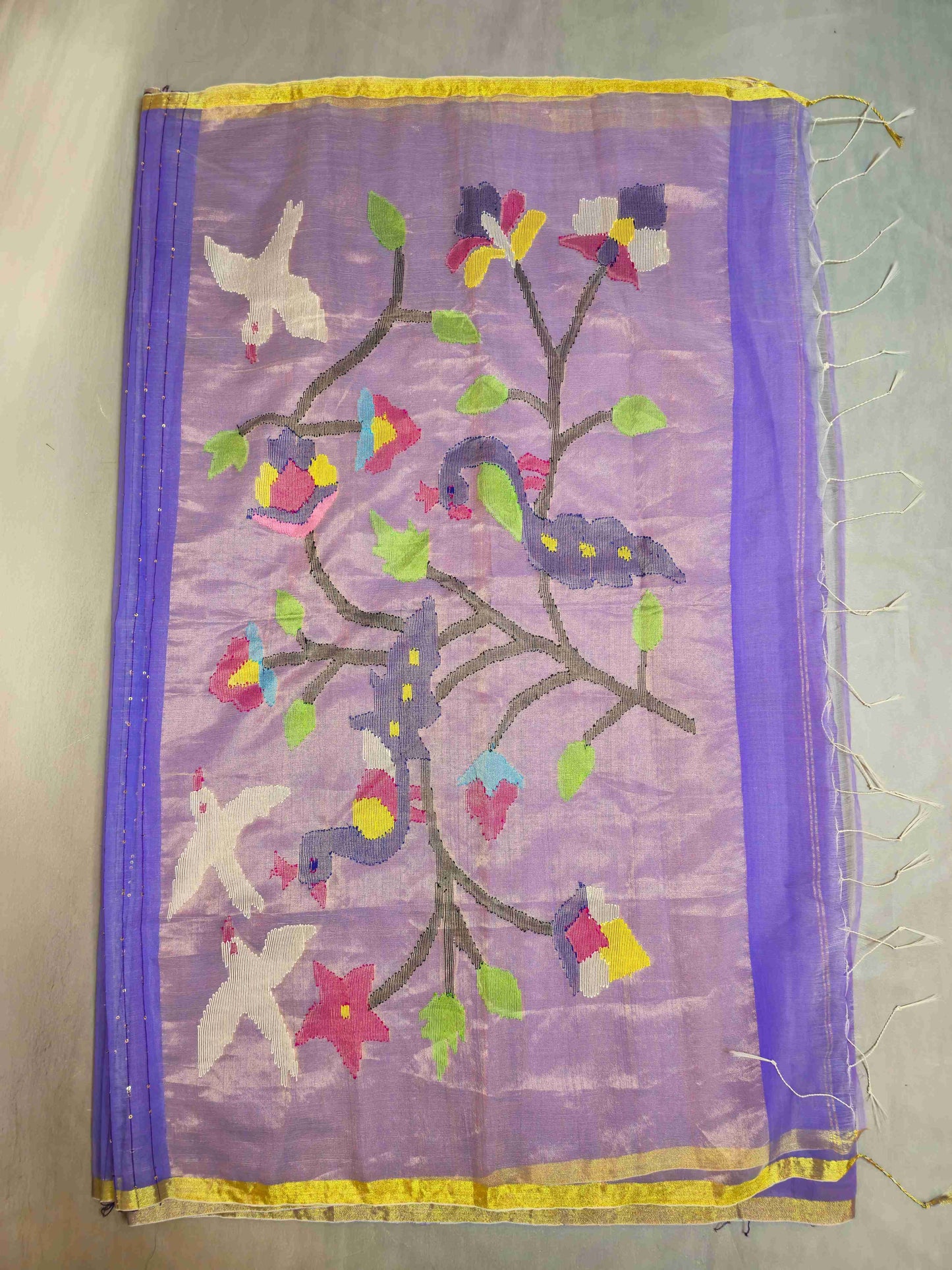 Semi Raw Silk with sequins with Jamdani needle work Pallu