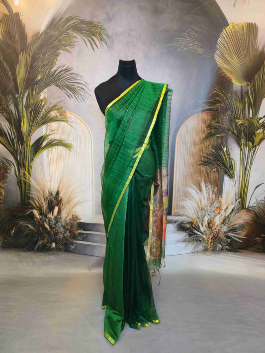 Semi Raw Silk with sequins with Jamdani needle work Pallu