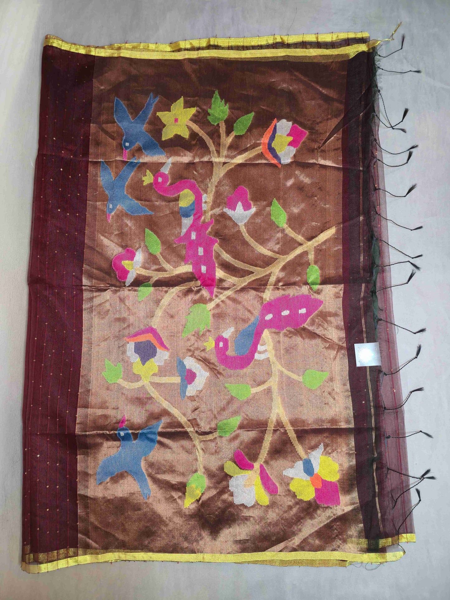 Semi Raw Silk with sequins with Jamdani needle work Pallu