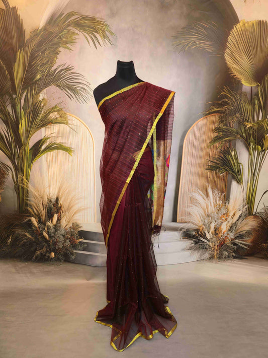 Semi Raw Silk with sequins with Jamdani needle work Pallu