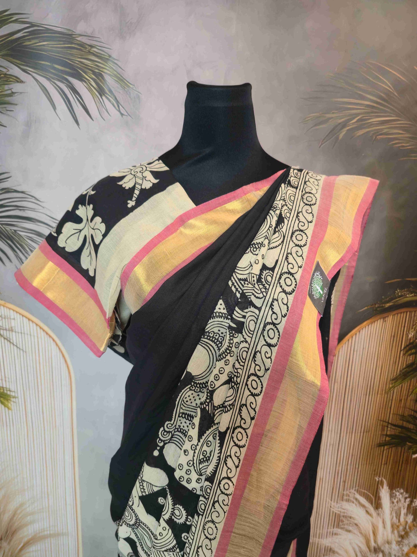 Pen Kalamkari cotton saree- doll design