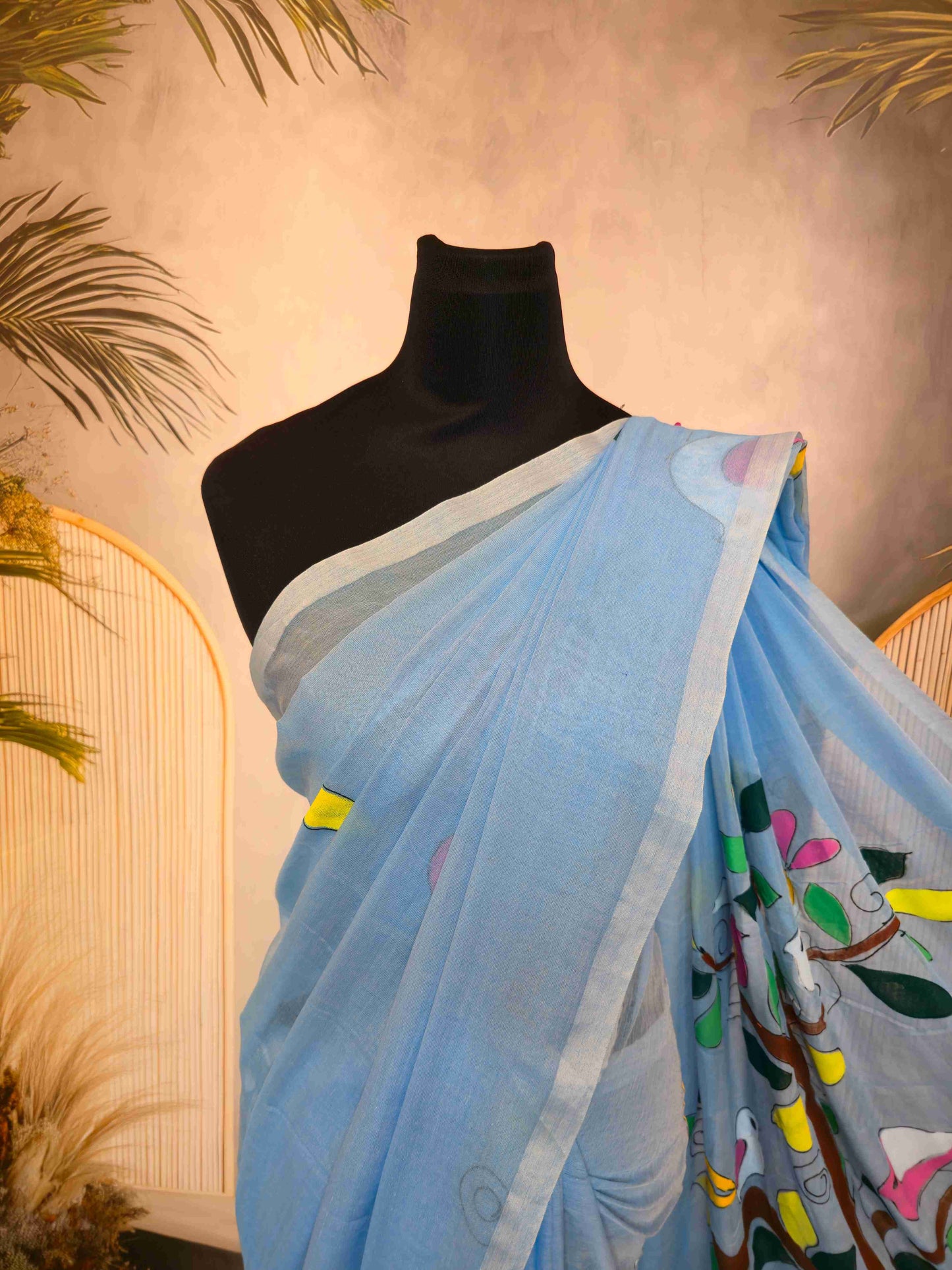 Mul cotton saree with hand painted flowers