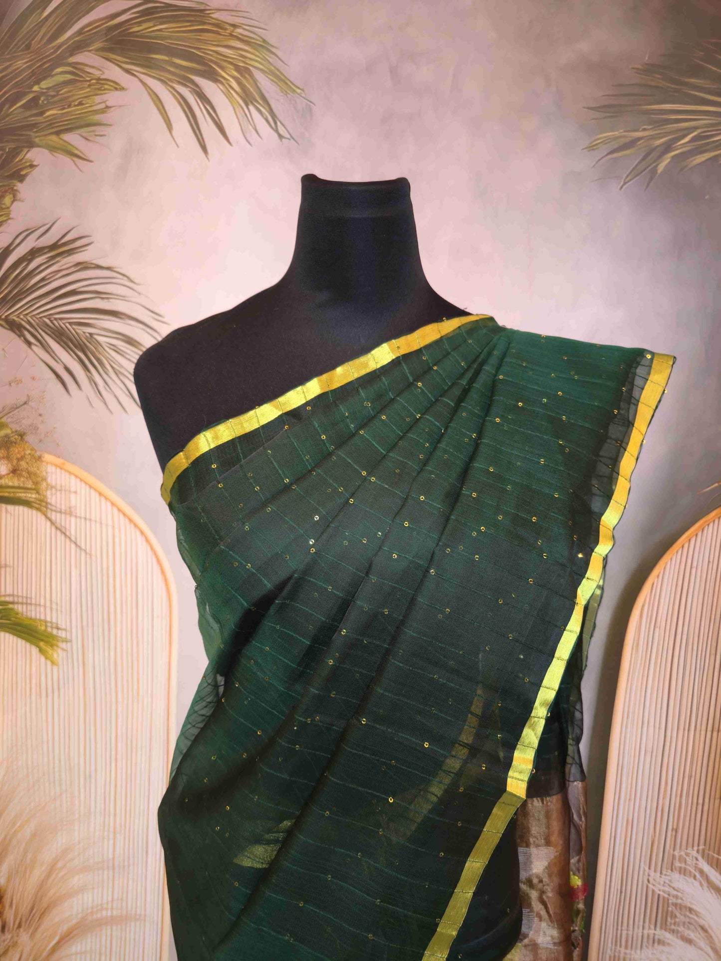 Semi Raw Silk with sequins with Jamdani needle work Pallu