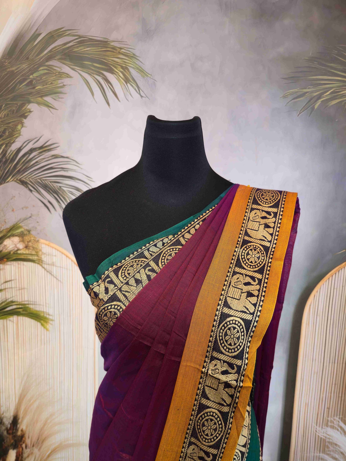 Narayanpet Cotton saree with Ganga Jamuna Elephant borders