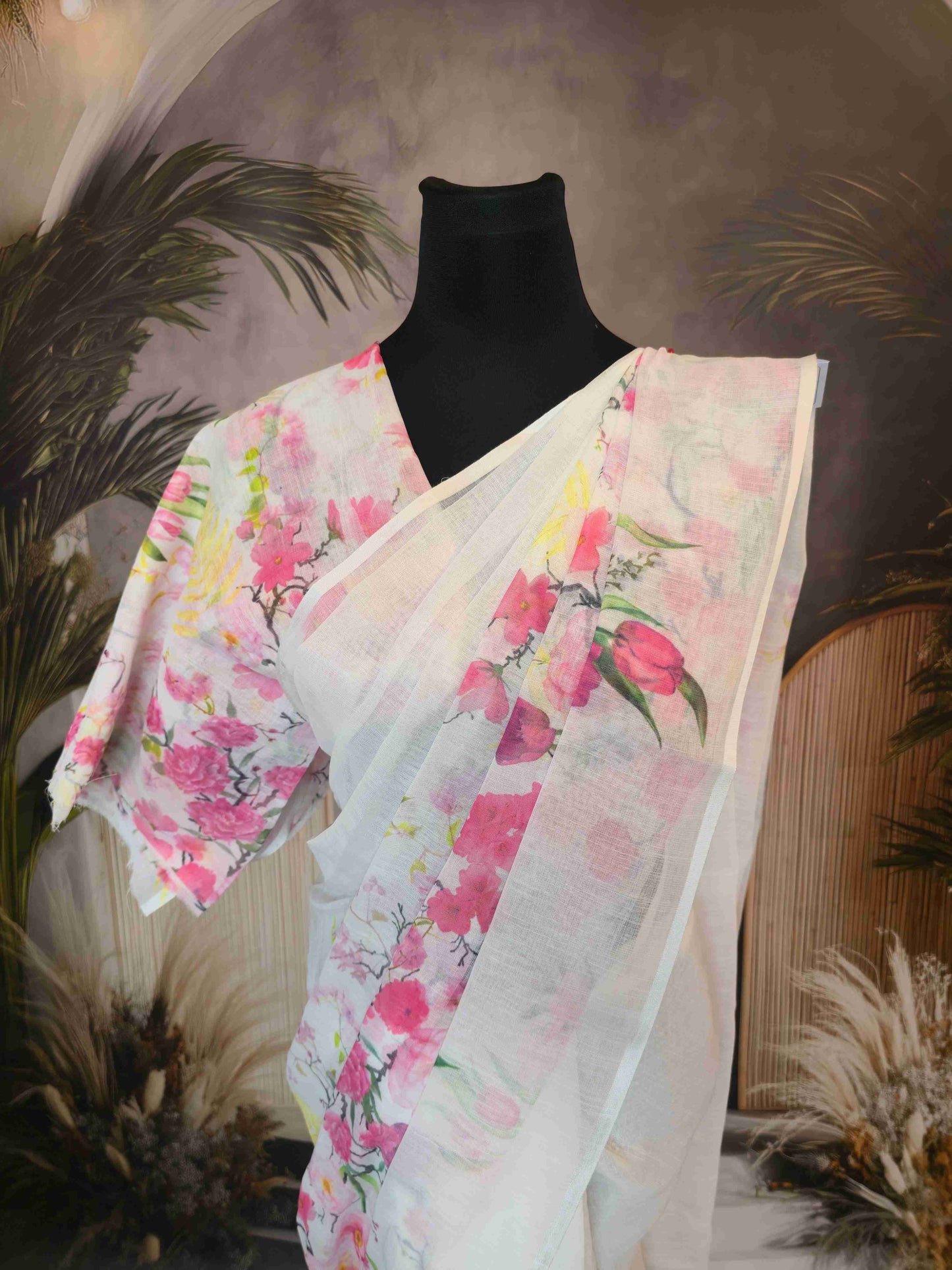 Linen Floral Saree- white