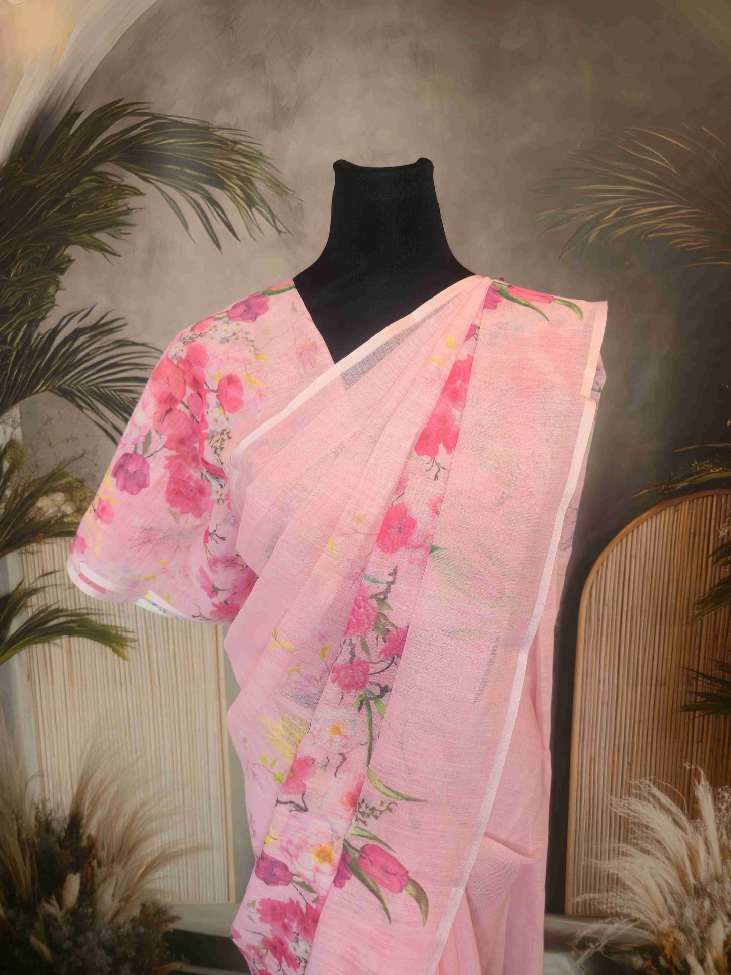 Linen Floral Saree- pink