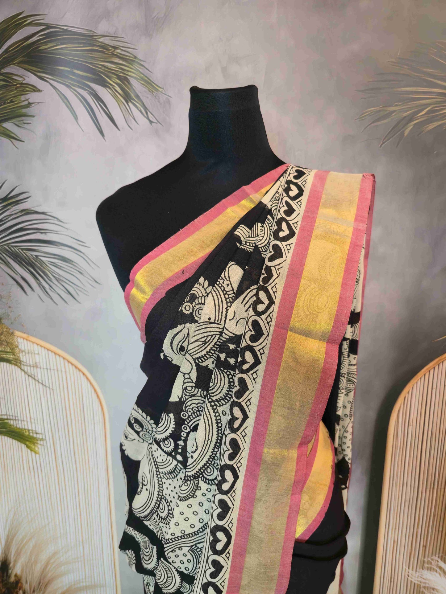 Pen Kalamkari cotton saree- doll design