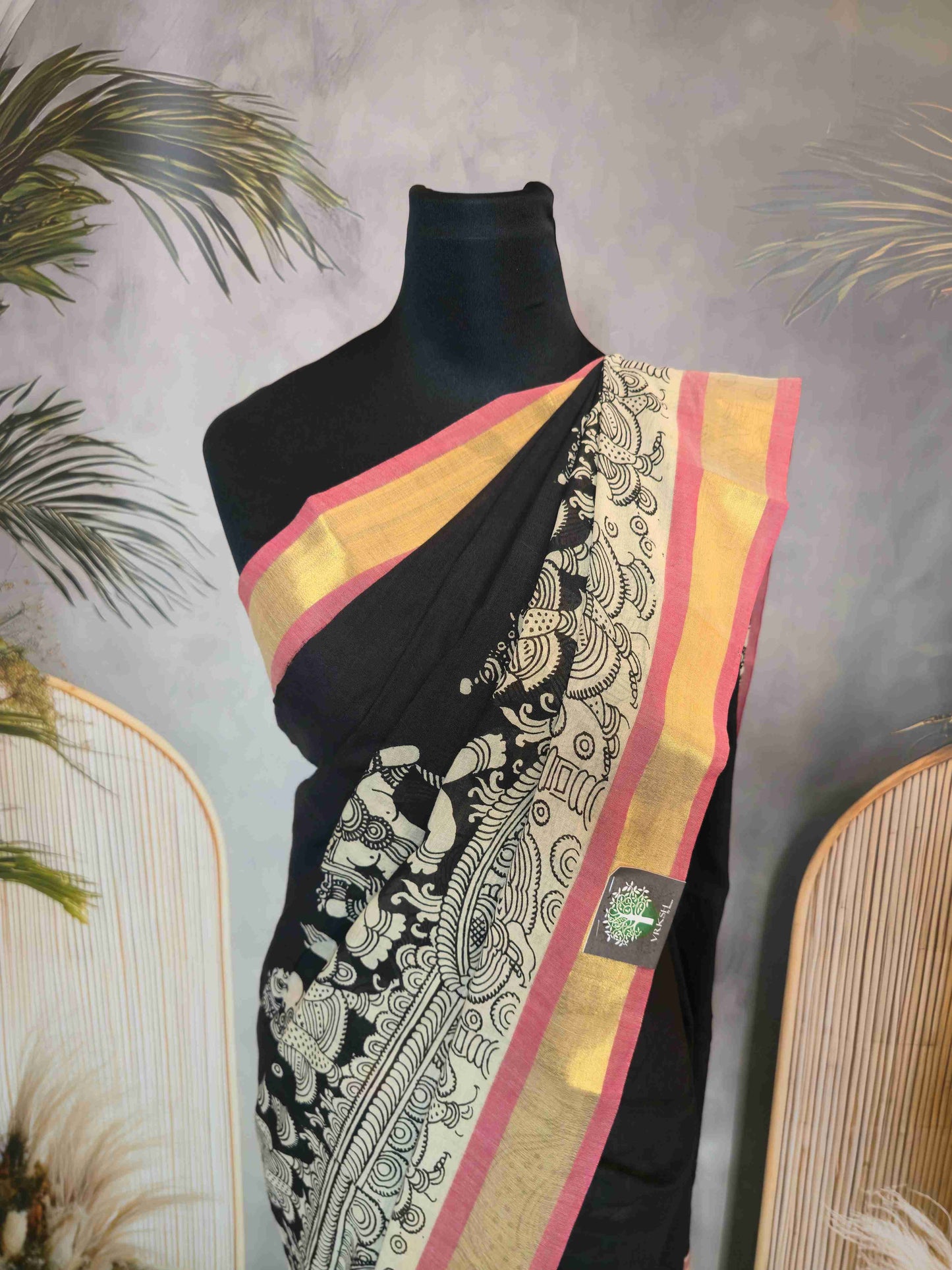 Pen Kalamkari cotton saree- doll design