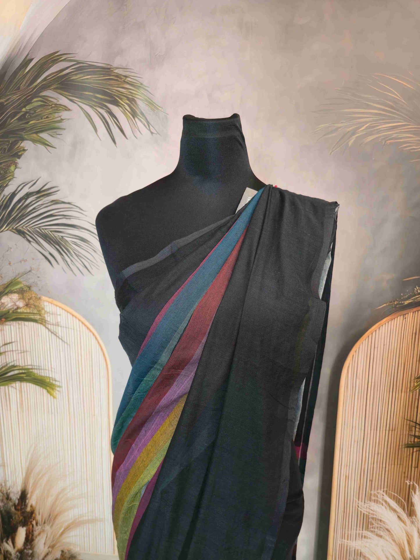 Mul cotton saree with rainbow pallu