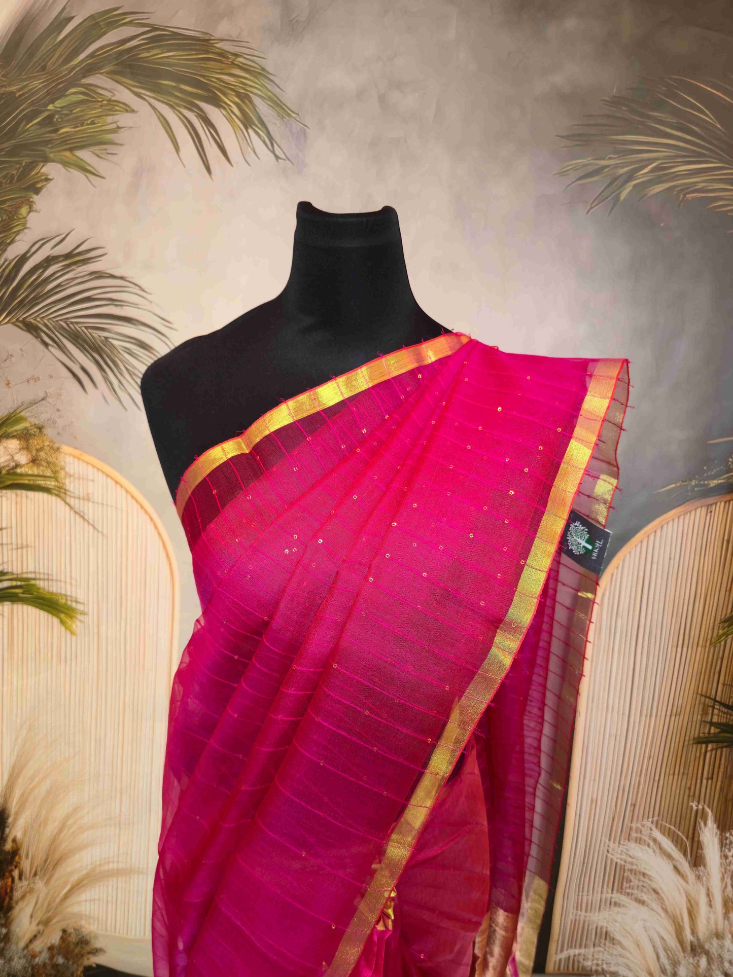 Semi Raw Silk with sequins with Jamdani needle work Pallu