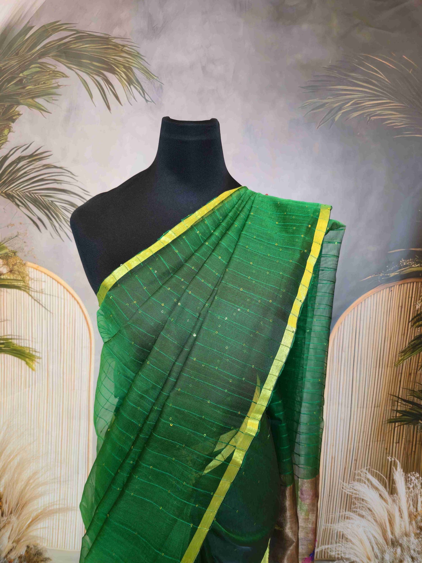 Semi Raw Silk with sequins with Jamdani needle work Pallu