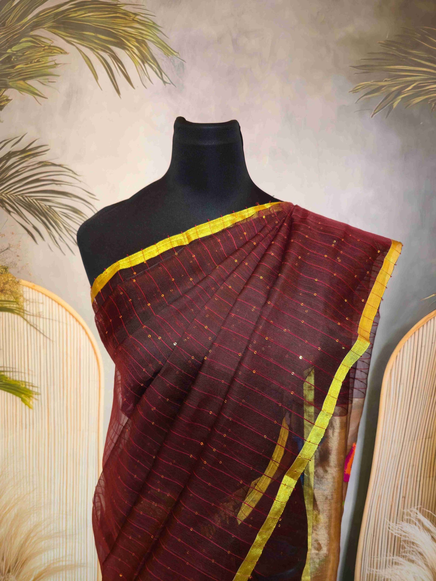 Semi Raw Silk with sequins with Jamdani needle work Pallu