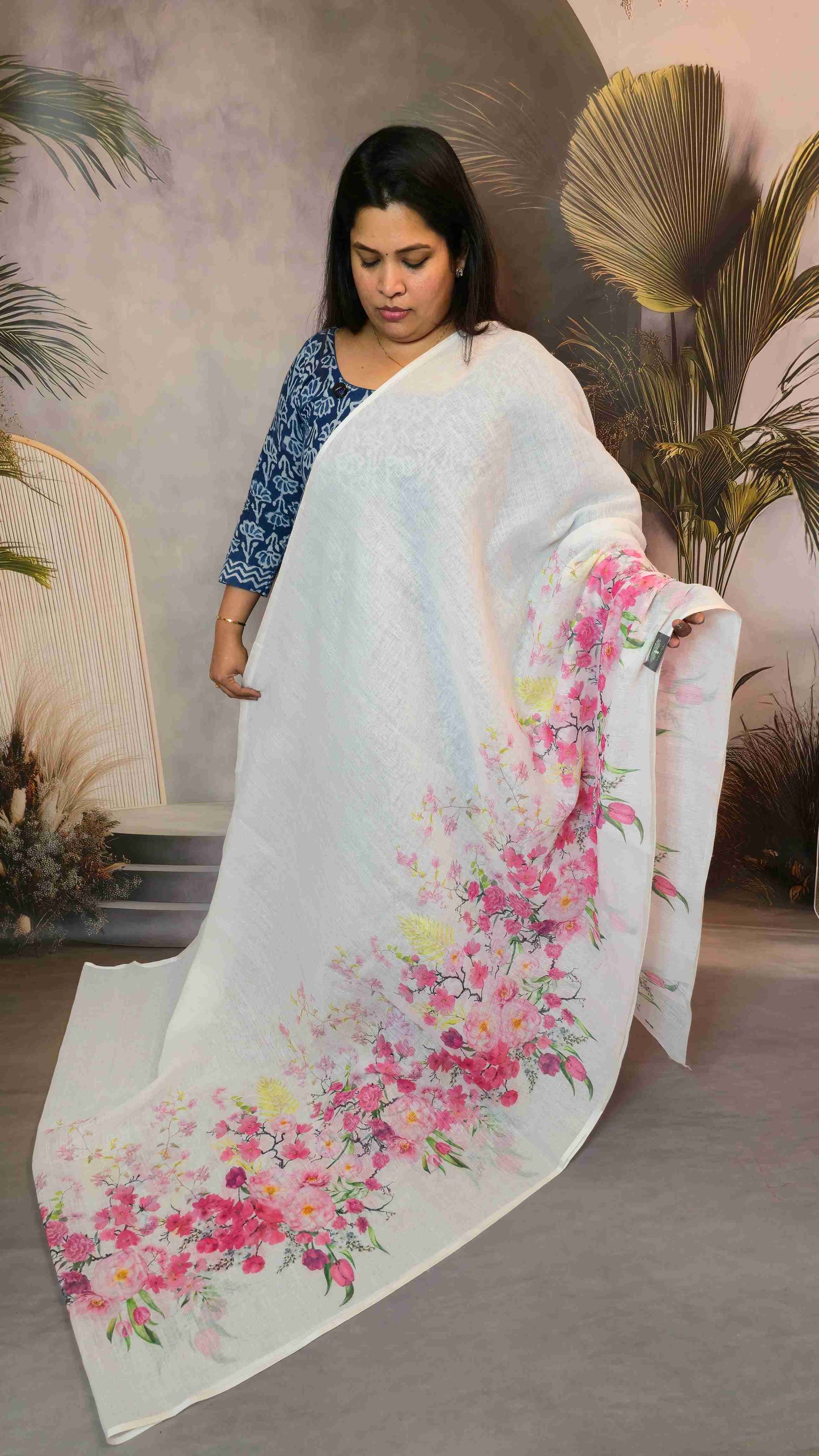 Linen Floral Saree- white