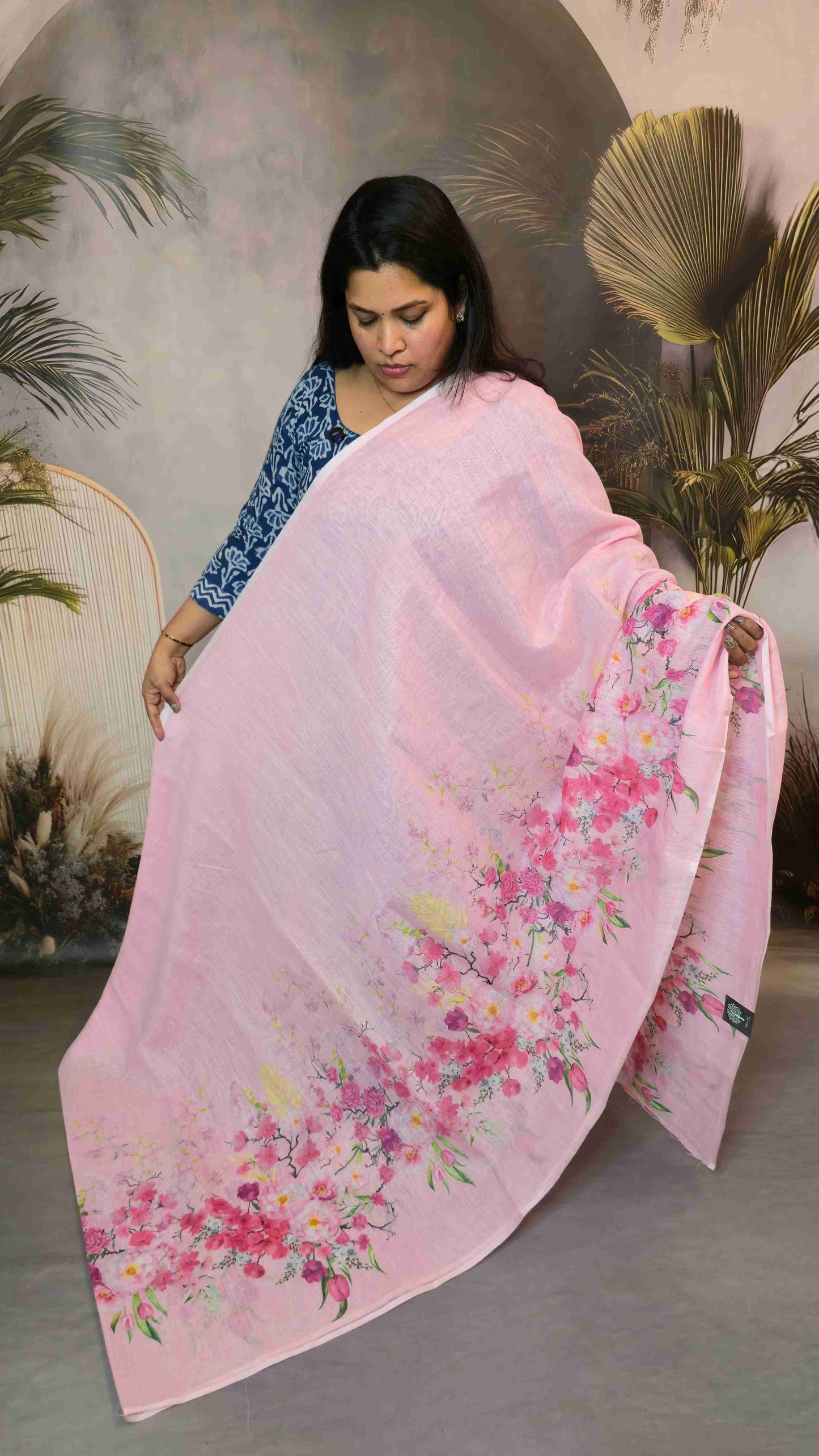 Linen Floral Saree- pink
