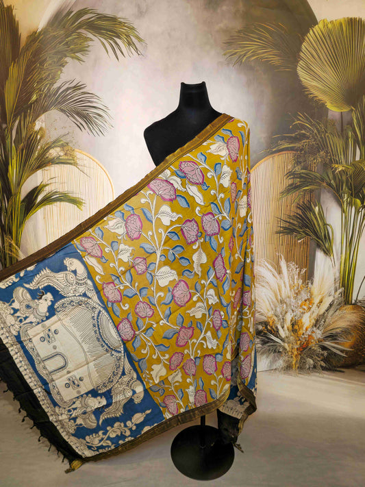 Kalamkari screen printed dupatta with nizam border