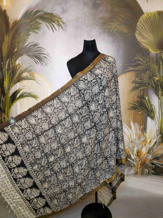 Kalamkari screen printed dupatta with nizam border